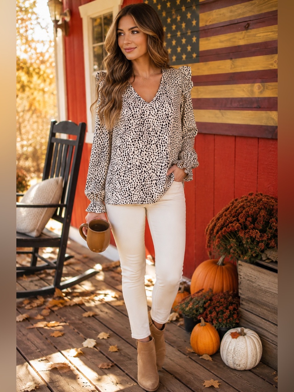 C+D+M Cream Speckled Print Ruffle Shoulder Long Sleeve Blouse | Size Large